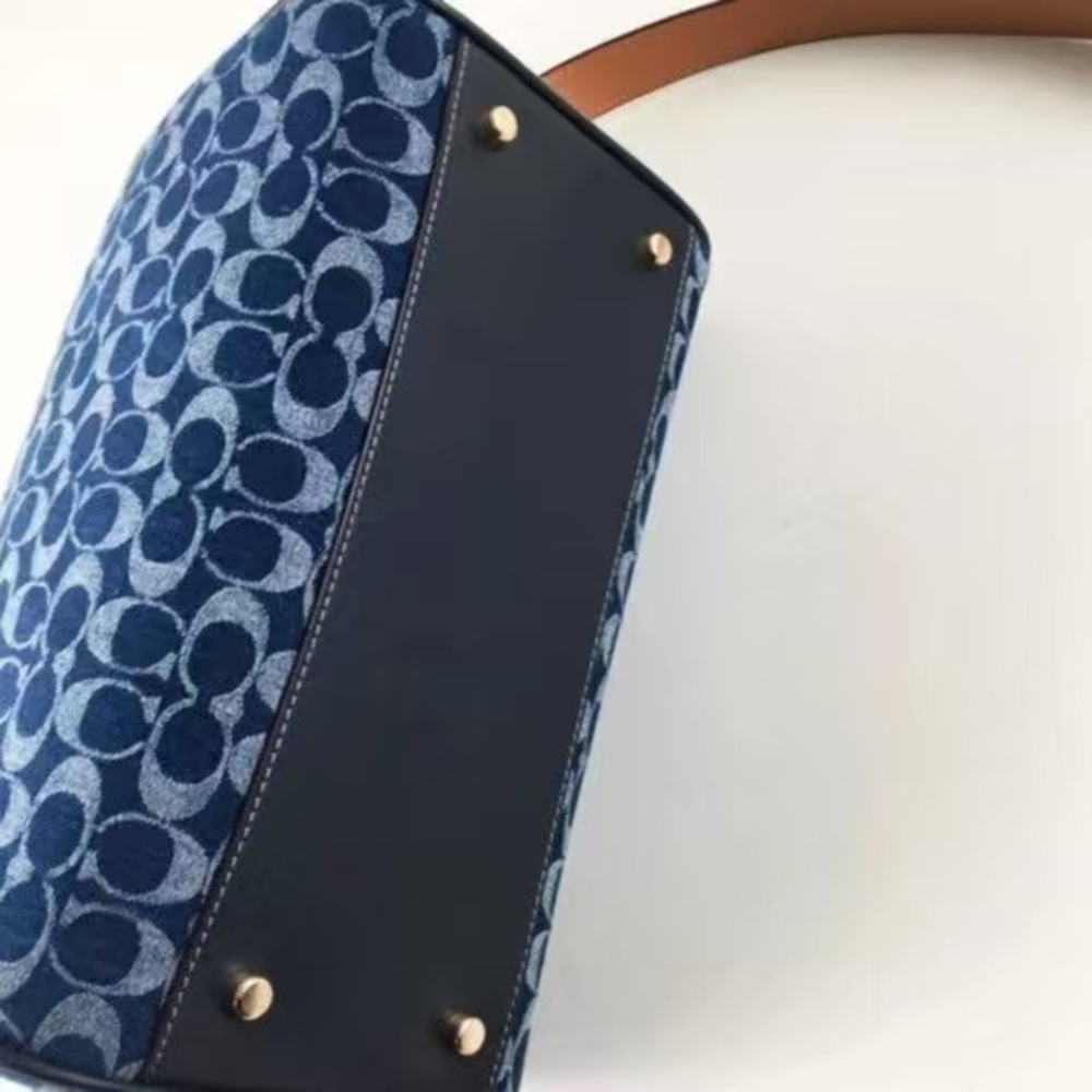 Coach Blue Signature Dome Satchel with Tan Leather Trim - Picture 8 of 11